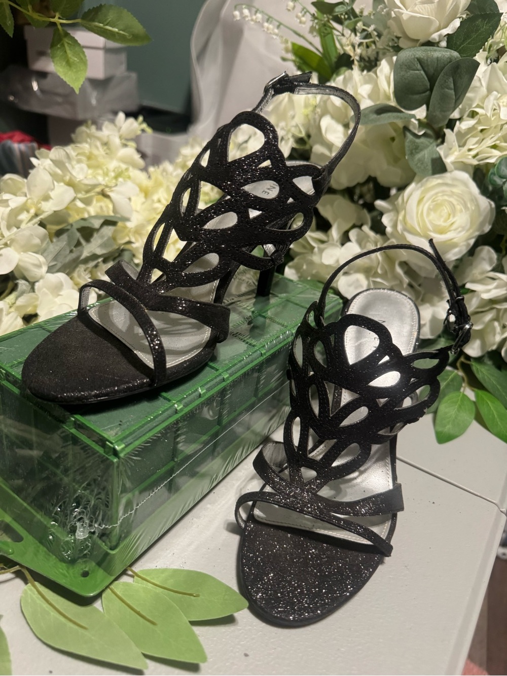 Nine West Black Glitter Cutout Slingback Heels